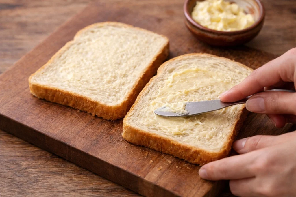 grilled cheese step 1 buttered bread
